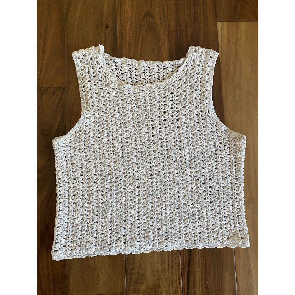 Handmade Crochet Ecru Women Summer Top Size X-small XS 100% Linen